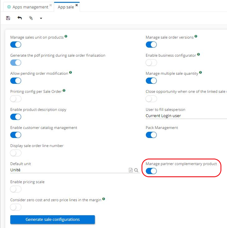 1.1. Activate the feature Manage partner complementary product.